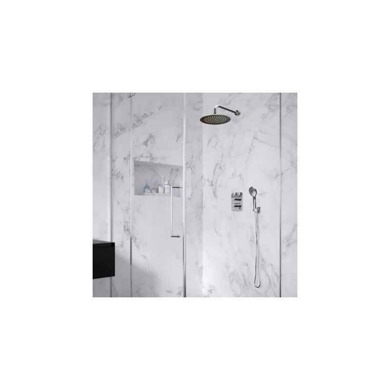 Conjunto termostático empotrado 2 vías con soporte y toma de agua, teleducha y rociador mural metálico Ø 250 mm Cromo