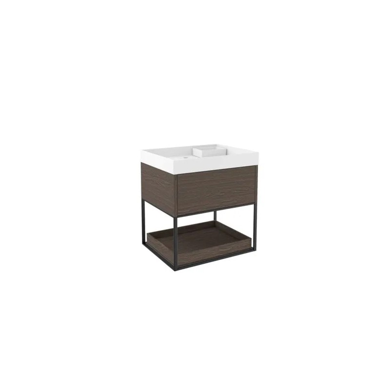 The Grid Lavabo con contenedor orificio mueble 1 cajón 800 mm + módulo inferior con balda deslizante Negro Brillo/Roble Oscuro